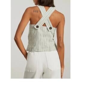 Everlane Size 2 Sage Striped Button Strap Crop Linen Top Minimalist Cottagecore